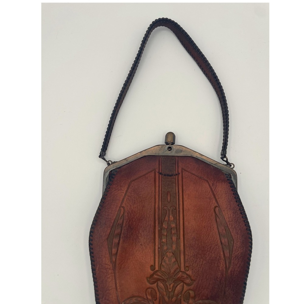 Vintage Tooled Leather Handbag Brown Art Nouveau Floral Embossed Frame Bag - Picture 4 of 12